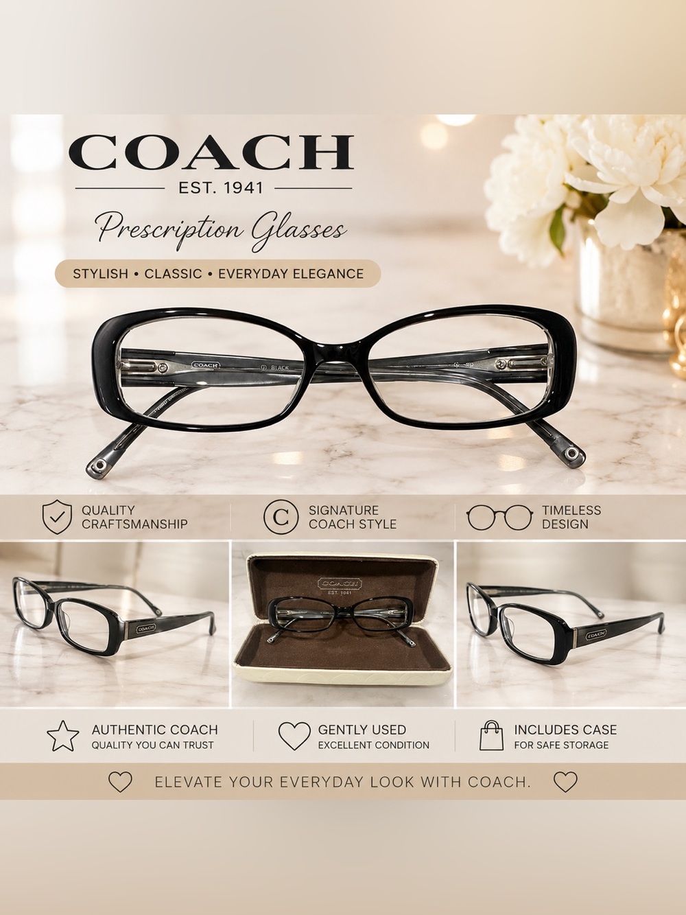 Coach Black Rectangular Women's Prescription Eyeglasses with case